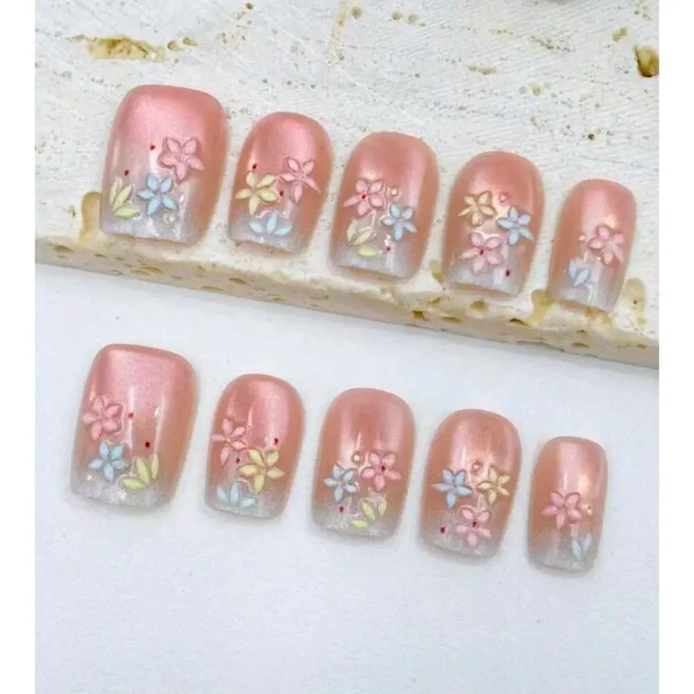 10 Pink Ombre Floral Press On Nails Short Square Reusable New Size Medium
